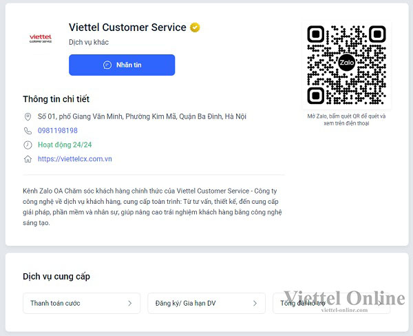Zalo chăm sóc khách hàng Viettel