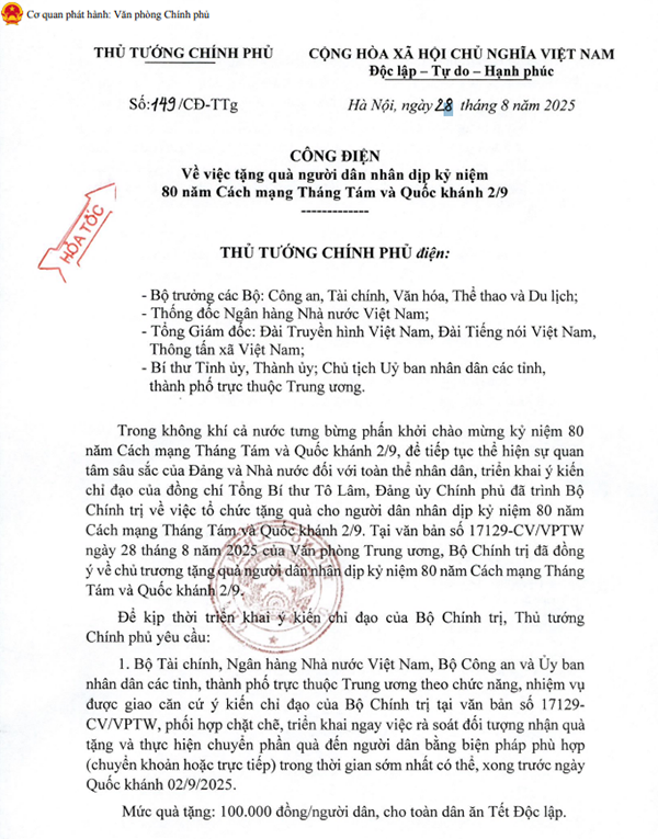 Thông tin Chính phủ tặng quà 2/9